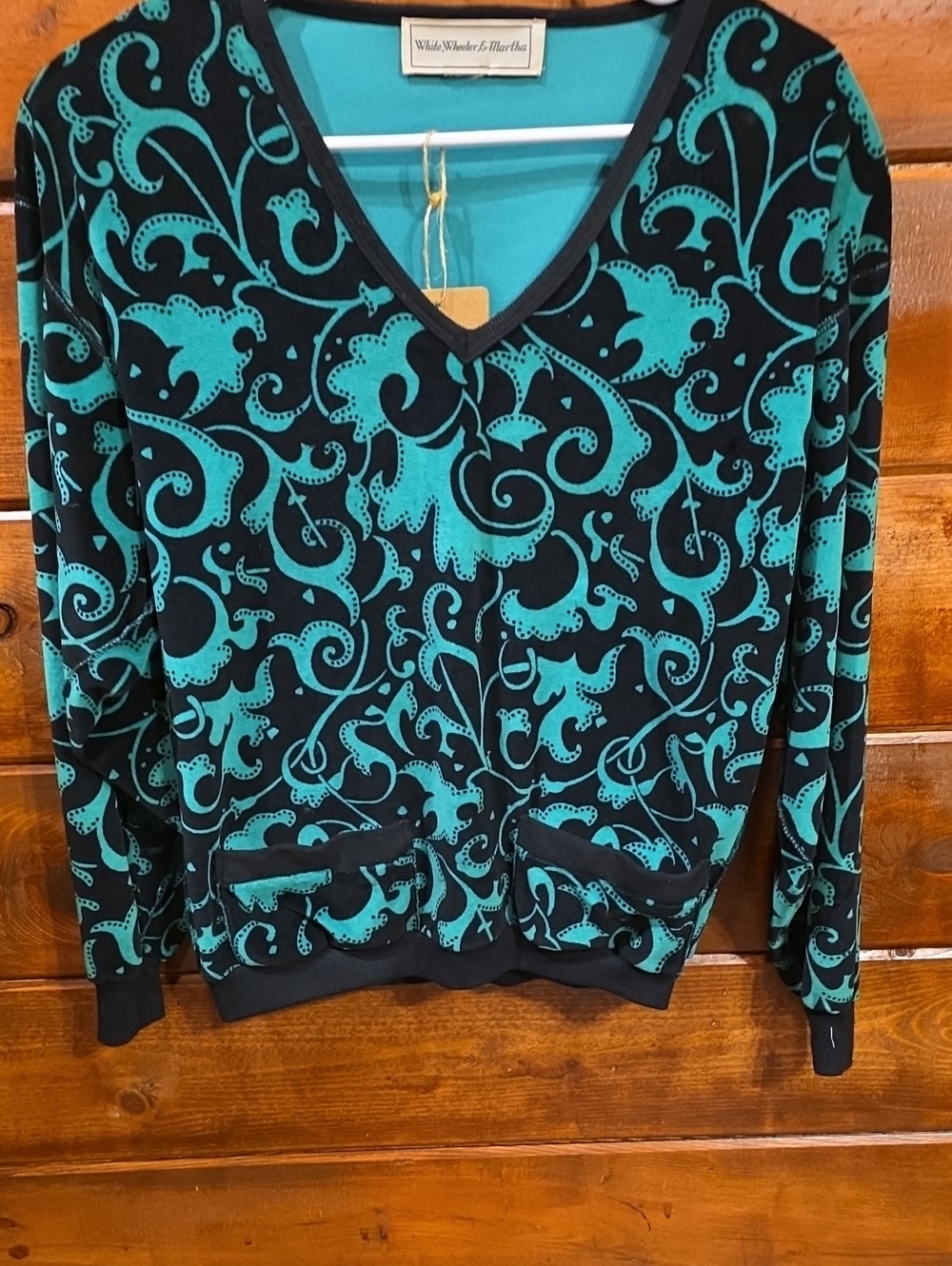 Vivid Teal & Black Patterned V-Neck Velour Sweater